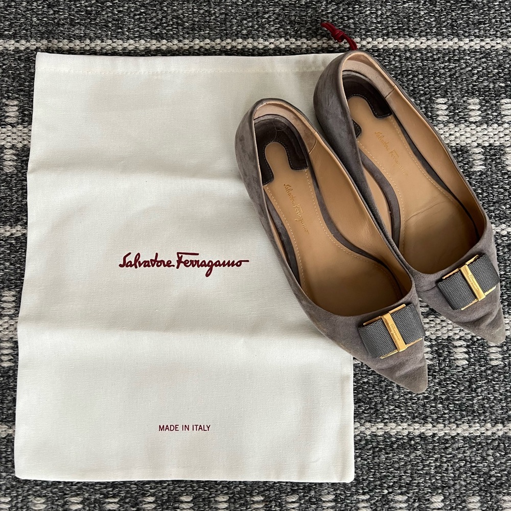 Salvatore Ferragamo Gray Flats with Gold Accent